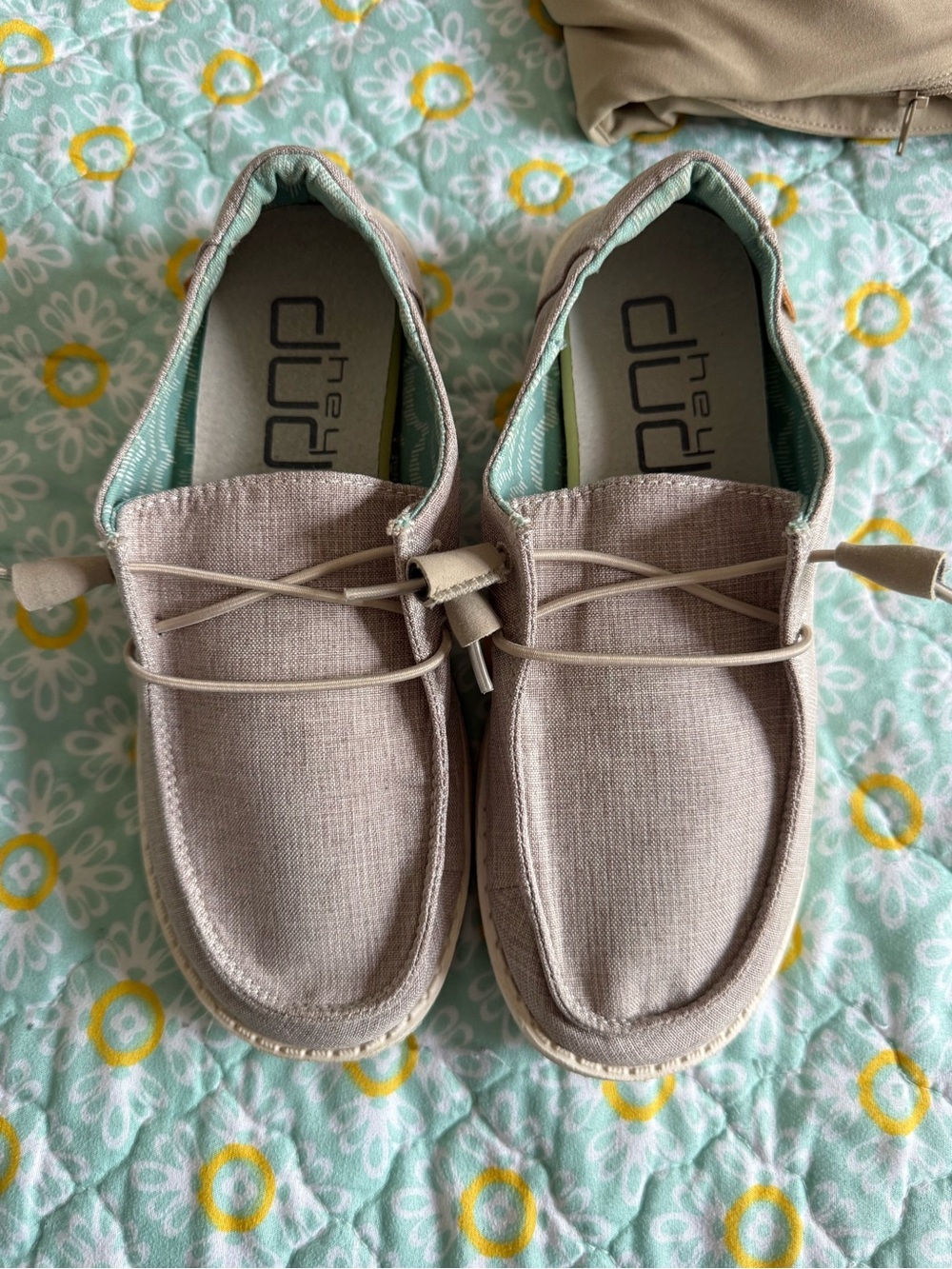 Hey Dude Kids Light Beige Canvas Slip-On Sneakers with Mint Lining